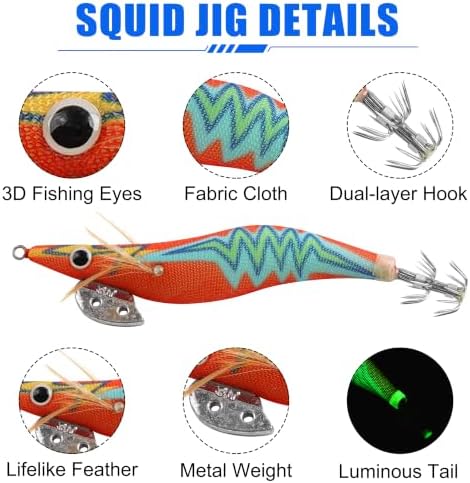 Squid Jig Saltwater Glow Squid Lures, 5/10pcs Luminous Shrimp Prawn Lures Atrificial 3D Fluorescent Squid Jigs Cuttlefish Sleeve Octopus Jig Tackle Size 2.5 3 - Image 2
