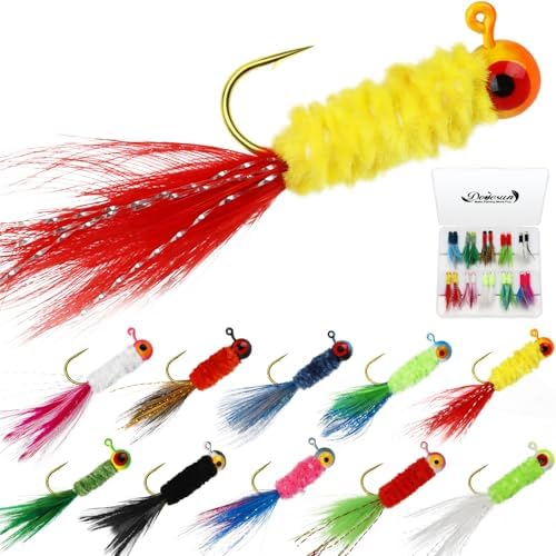 Dovesun Crappie Jigs, Jig Heads with Feather Hand-Tied Marabou Jigs Ice | Fly Fishing Lures 10 Colors 1/32oz 1/16oz 1/8oz Fishing Hair Jigs for Panfish Sunfish Walleye 20-40pcs by Dovesun