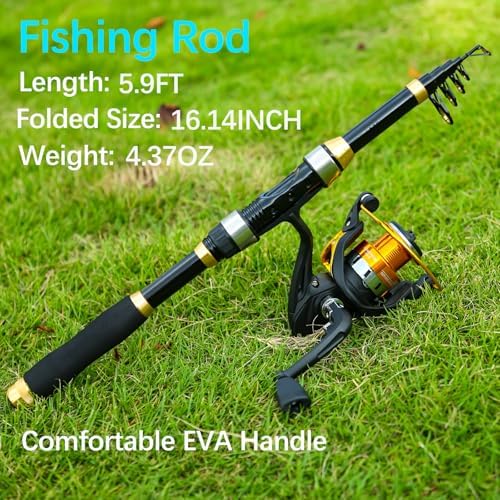 Yoilrey Fishing Rod and Reel Combo – 5.9ft Telescopic Fishing Pole Starter Kit with Spinning Reel, Fishing Line, Lure Box & Tackle Bag for Travel - Image 2