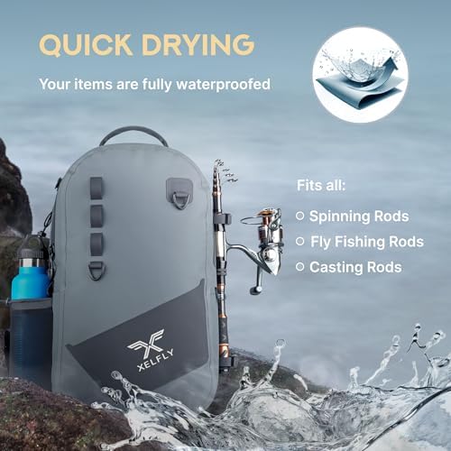 Xelfly - Waterproof Fishing Backpack with Rod Holder, Inflatable Air Valve, Padded Waist Straps & Gear Loops - Submersible Zipper, Rugged Top Handle, Adjustable Attachments (Blue) - Image 7