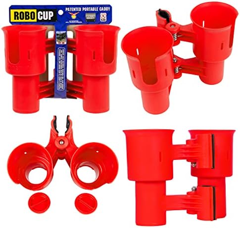 ROBOCUP, (Red), Patented Clamp On Boat Cup Holder |Multifunction Dual Drink Caddy for Fishing Poles, Tools, Net, Gaff |Portable Storage for Boating, Beach, Umbrellas, Golf Carts, Strollers by RoboCup