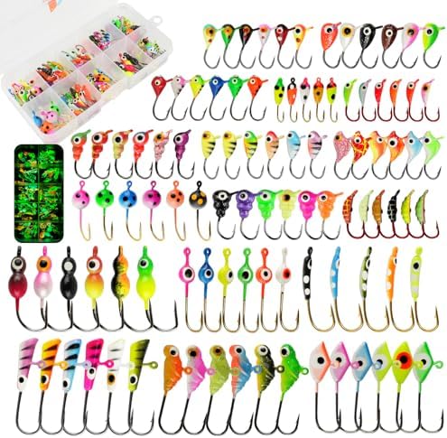 Ice Fishing Jigs Kit, 36/60/100pcs Micro Jig Heads Lures Hook Set for Winter Ice Jigging, Panfish, Perch, Trout, Bluegill, Walleye, Crappie Ice Fishing Lures Hooks Set with Storage Box by MUUNN