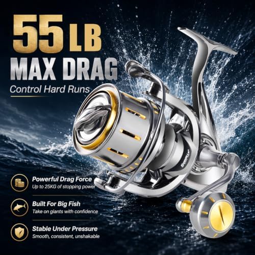 Heavy Duty Spinning Reel Metal Body with CNC Machined Spool 55LB Max Drag 6/8+1 Bearings Ultra Smooth 4.6/4.8:1 High Speed Gear Ratio Saltwater Freshwater Fishing Reel for 8000 to 14000 Series - Image 3