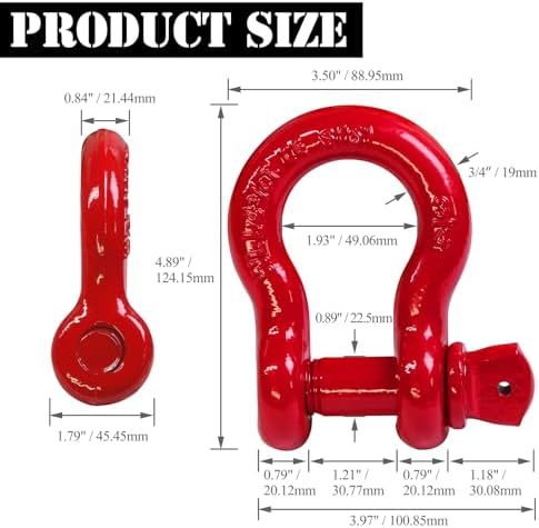 3/4" D Ring Shackle with 7/8" Screw Pin, 4.75T Working Load Limit (WLL) / 28.5T (62,831 lb) Minimum Breaking Strength (MBS) for Tow Strap Winch, Off-Road Vehicle Recovery (Red, 2 Pack) - Image 4