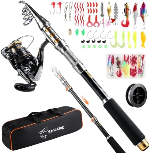 Fishing Pole Kit, Carbon Fiber Telescopic Fishing Rod and Reel Combo with Spinning Reel, Line, Bionic Bait, Hooks and Carrier Bag, Fishing Gear Set for Beginner Adults by Ehowdin