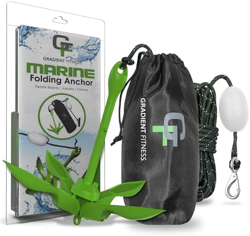 Kayak Anchor Kit - 3.5 lb, Green - Folding Grapnel Anchor with 25 ft Rope by GradientFitness