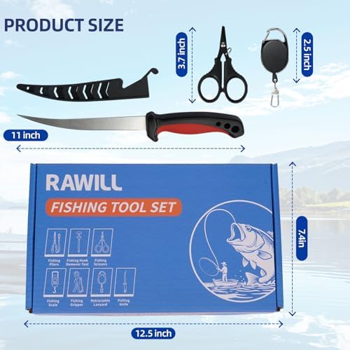 RAWILL Fishing Kit,Filleting Knife,Hook Remover,Fish Grip, Line Cutter,Fishing Scale, Pliers with Lanyards,Not Include Batteries - Image 6