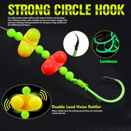 PROBEROS Catfish Fishing Rigs - Bank Fishing Set with 5pcs/Set, 6/0, 8/0, 10/0 Circle Hooks Circle Hooks, High Visibility, Ready to Use Catfish Rigs - Image 4