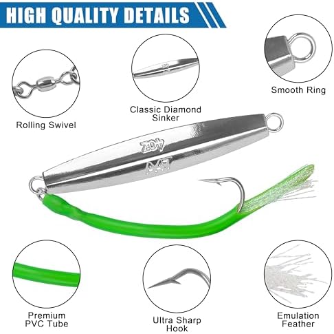 Diamond Jig Saltwater Fishing Lures Casting Jigging Spoon with Tube Tail Stainless Steel Hooks Trolling Lures Striped Bass Metal Jig for Deep Sea Surf Fishing Bottom Dragging Sinking - Image 6