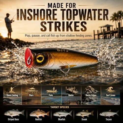 Topwater Popper Fishing Lure, 4in 0.81oz ABS Floating Saltwater Bait with BKK 3X #4 Treble Hooks, Foil-Stamped Finish for Inshore Striped Bass Redfish Snook Tarpon - Image 5