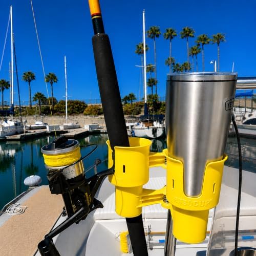 ROBOCUP, (Yellow), Patented Clamp On Boat Cup Holder |Multifunction Dual Drink Caddy for Fishing Poles, Tools, Net, Gaff |Portable Storage for Boating, Beach, Umbrellas, Golf Carts, Strollers - Image 3