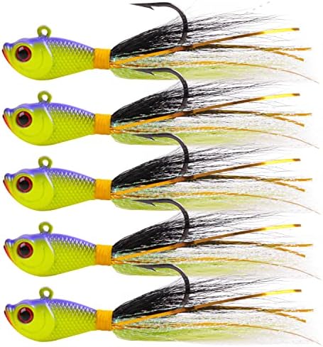 Bucktail Jigs Saltwater Fishing Lures, 5pcs Premium Bucktail Hair Jigs Head Saltwater Striper Lures for Bass Flounder Bluefish Halibut Redfish Surf Fishing 1/4oz 1/2oz 1oz 1.5oz 2oz by OROOTL