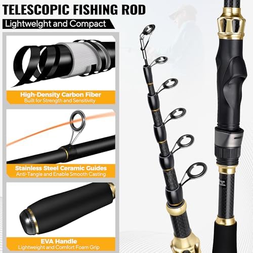 PLUSINNO Fishing Rod and Reel Combo, Telescopic Fishing Pole Kit with Spinning Reel, Tackle Box, Fishing Lures and Travel Carrying Bag, Fishing Gear Gifts for Men - Image 2