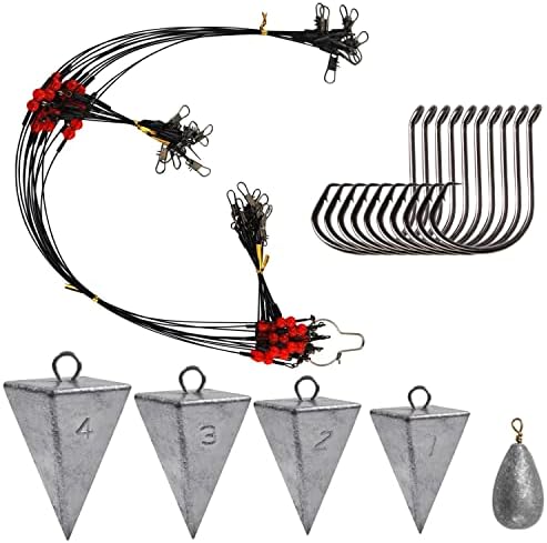 Saltwater Surf Fishing Tackle Kit - Saltwater Surf Fishing Rigs Bottom Rigs Include Fishing Leader Rigs Pyramid Sinkers Bass Casting Sinker Circle Hooks for Striped Bass Red Drum Flounder by AGOOL