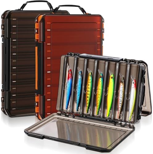 2 Pack Double Sided Fishing Lure Boxes 14 Compartments Waterproof Fishing Tackle Box Organizer with Handle, Portable Clear Hard Bait Storage Case for Jerkbait, Minnows & Hooks(Orange, Gray) by Unknown