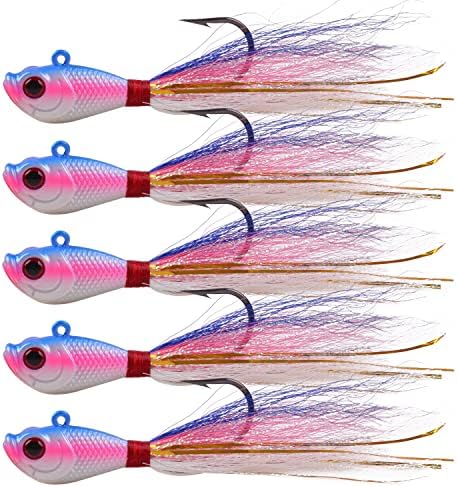 Bucktail Jigs Saltwater Hair Jig Lures, 5pcs Bucktail Jigs Fishing Lures Surf Fishing Jig Head Swimbait Jig Hook for Bass Flounder Striper 1/4oz 1/2oz 1oz 1.5oz by FUSIGO
