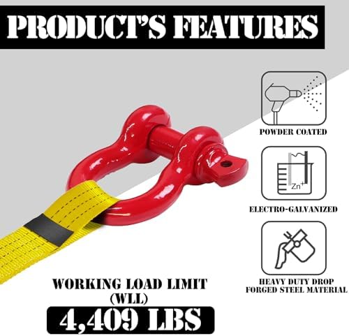 1/2" D Ring Shackle with 5/8" Screw Pin, 2T Working Load Limit (WLL) / 12T (26,455 lb) Minimum Breaking Strength (MBS) for Tow Strap Winch, Off-Road Vehicle Recovery (Red, 4 Pack) - Image 2