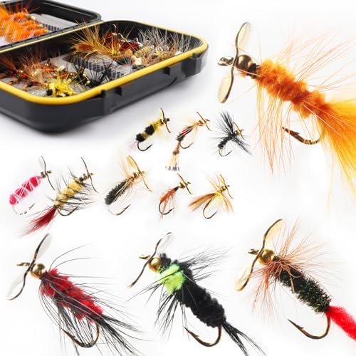 Fly Fishing Flies Assortment Kit Dry Wet Nyphms Tenkara Popper Streamer Woolly Bugger for Trout Bass Salmon Steelhead with Fly Box by FAISOX