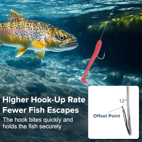 Baitholder Fishing Hooks, 50pcs Bait Holder Hooks Offset Long Shank Live Bait Fish Hook with Double Barbs for Bass Trout Crappie Saltwater Freshwater Fishing Size 4-6/0 - Image 2