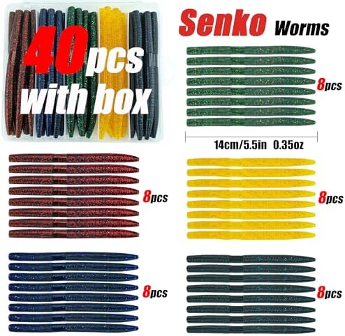 Senko Worms for Bass Fishing: 40PCS 5.5" Wacky Worm Lures Kit with Box | Senkos Soft Plastic Baits for Freshwater Saltwater | Slow-Fluttering Action - Image 2