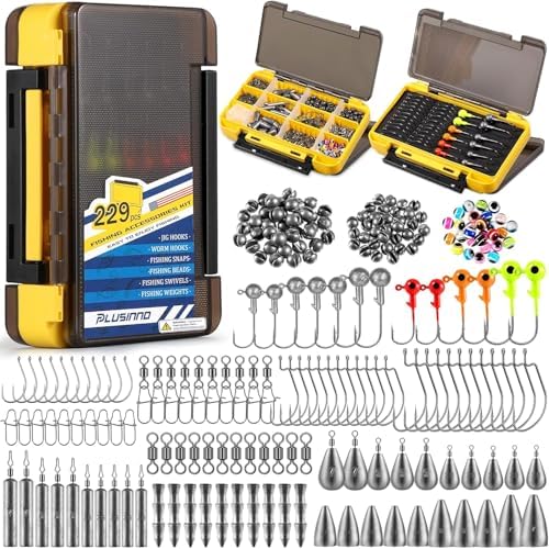 PLUSINNO 253/387pcs Fishing Gear Accessories Kit, Fishing Tackle Box with Tackle Included, Fishing Hooks, Fishing Weights Sinkers, Spinner Blade, Fishing Equipment for Bass Trout Bluegill Crappie by PLUSINNO
