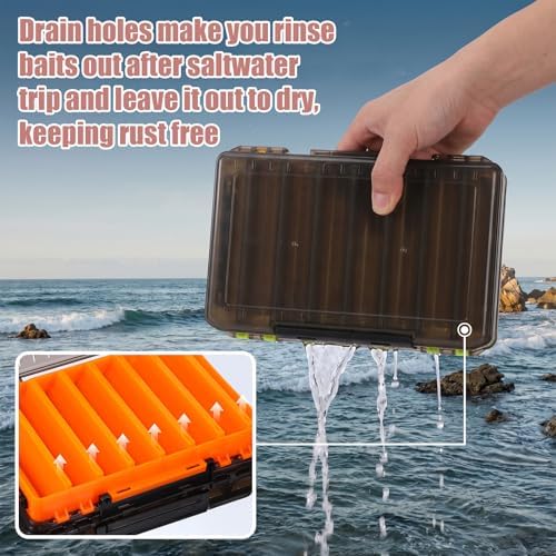 3 Pack Fishing Lure Boxes Tackle Storage Plastic Double Sided Fishing Tackle Organizer with Dividers for Hooks Crankbaits Kayak Boat Freshwater Saltwater Orange Gray Yellow 10.6" × 7.5" × 2.0" - Image 3