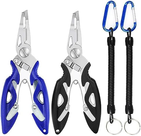 Fishing Pliers, Stainless Steel Fish Hook Remover 2PCS, Multi-Function Fishing Line Cutter Split Ring Opener, Fishing Braid Scissors Gear Accessories Fish Gripper with Lanyard Fly Fishing Tool by SIWRIOM