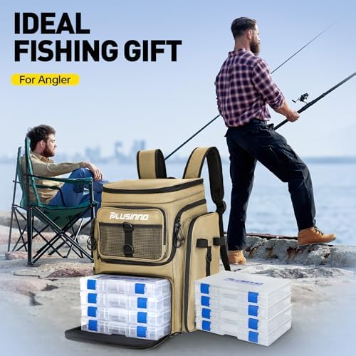 PLUSINNO Fishing Backpack with Rod Holders, 42L Large Water-Resistant Tackle Bag for Fishing, Camping, Hiking, Gifts, Khaki (4 Tackle Boxes Included), 36,6 x 25,4 x 45,7 cm, Sporty, functional - Image 4