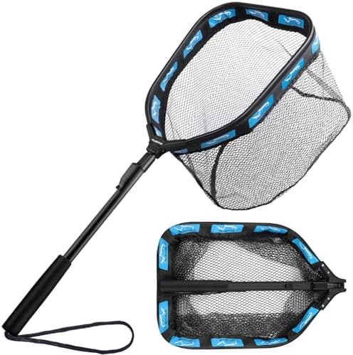 PLUSINNO Floating Fishing Net for Steelhead, Salmon, Fly, Kayak, Catfish, Bass, Trout Fishing, Rubber Coated Foldable Landing Net with Fixed or Telescoping Pole Handle, Fishing Gear and Gifts for Men by PLUSINNO