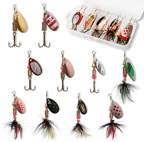 10pcs Fishing Lure Spinnerbait, Bass Trout Salmon Hard Metal Spinner Baits Kit with Tackle Boxes by HISOOFISHINGLURESLLC