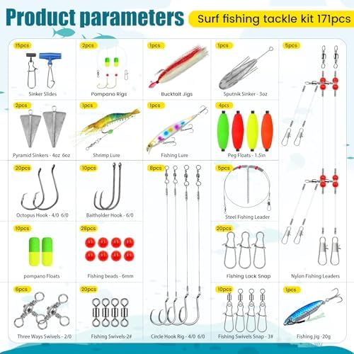 YOTO Surf Fishing Tackle Kit - 170pcs: Complete Ocean Saltwater Gear with Pompano Rig, Lures, Sinkers, Hooks, Swivels, and Accessories for Surf, Casting Fishing Techniques - Image 2