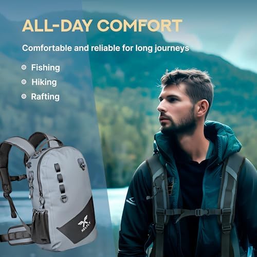 Xelfly - Waterproof Fishing Backpack with Rod Holder, Inflatable Air Valve, Padded Waist Straps & Gear Loops - Submersible Zipper, Rugged Top Handle, Adjustable Attachments (Blue) - Image 4