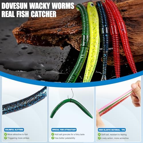 PLUSINNO Wacky Worm Fishing Lure Kit, Soft Plastic Fishing Lures, Grub Baits Hook Wacky Rig Bass Trout Fishing Worms Lures w/Tackle Box - Image 6