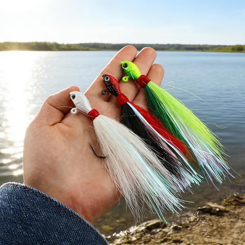 Bucktail Jig Lure 3 Pack, Deer Hair Head Jigs for Saltwater & Freshwater Fishing, Surf Boat Inshore Jigs for Striped Bass, Bluefish, Snook, Flounder, Redfish - Image 5
