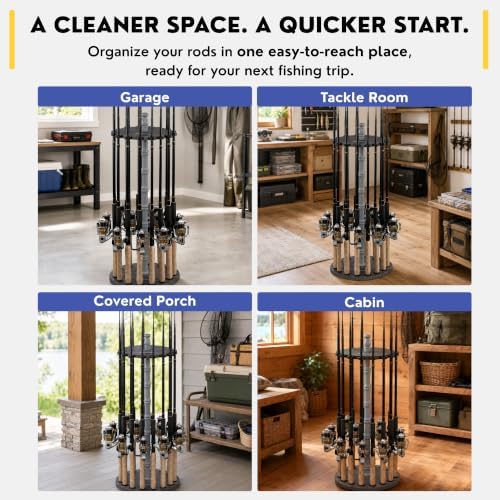 Rush Creek Creations 16-Rod Round Fishing Rod Holder for Garage, 360° Access Fishing Pole Holder for Fishing Rods, Reels, and Gear, Securely Holds 16 Rods, Barnwood - Image 3