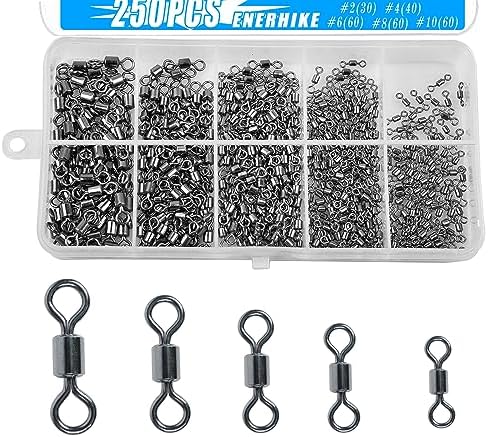 250pcs Fishing Swivel Rolling Barrel Swivel Stainless Steel Swivels Corrosion Resistance Black Nickle Connector for Freshwater Saltwater Fishing Tackle #2#4#6#8#10 by ENERHIKE