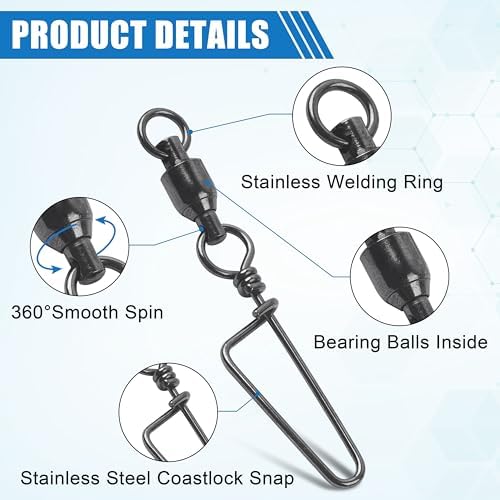 AGOOL Fishing Swivels Snaps Ball Bearing Swivels with Coastlock Snaps Stainless Steel Fishing Tackle Line Lure Leader Connector Quick Change Terminal Tackle for Lures, Leaders and Rigs - Image 2