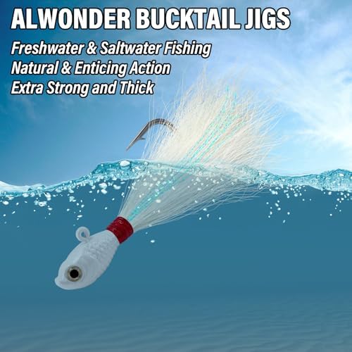 Alwonder 5-Pack Bucktail Jigs Hair Jigs Saltwater Freshwater Fishing Bucktail Lures Surf Fishing Jig Heads White Luminous Chartreuse Swimbait Jig for Bass Flounder Striper Bluefish Halibut Redfish - Image 5