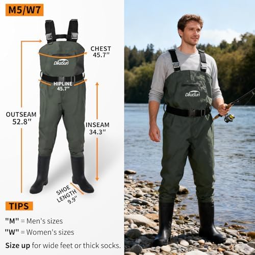 Fishing Waders for Men & Women, Waterproof 2-Ply Nylon/PVC Chest Wader with Boots for Outdoor Sizes 4-13 Bootfoot(Green, M5/W7) - Image 4