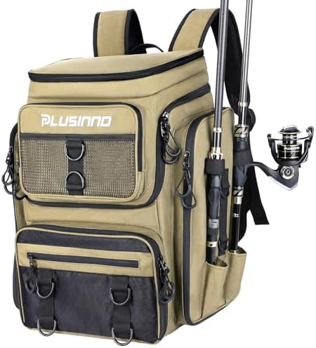 PLUSINNO Fishing Backpack with Rod Holders, 42L Large Water-Resistant Tackle Bag for Fishing, Camping, Hiking, Gifts - Khaki by PLUSINNO