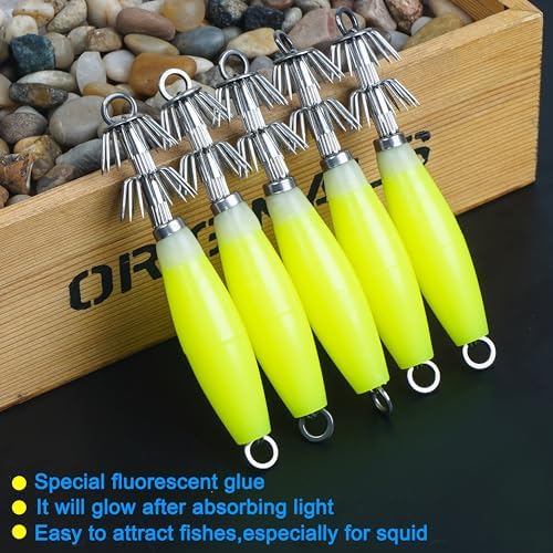 OROOTL Squid Jigs Saltwater Fishing Lures, 5/10pcs Glow Squid Jig Hooks Luminous Cuttlefish Sleeve Octopus Jig Baits Night Fishing Octopus Lures Set with Tackle Box - Image 5