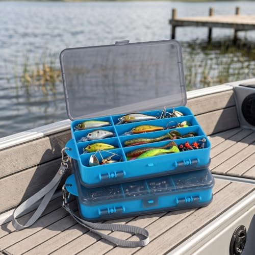 2 Pack Fishing Tackle Box Organizers, Blue Lure Storage Trays with Clear Lids, Removable Dividers & Wrist Straps, Portable Fishing Gear Storage for Hooks, Baits, Sinkers, Jigs and Accessories - Image 5