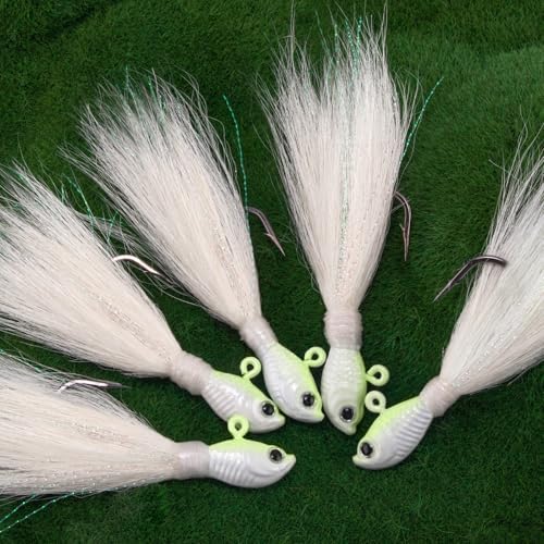 Alwonder 5-Pack Bucktail Jigs Hair Jigs Saltwater Freshwater Fishing Bucktail Lures Surf Fishing Jig Heads White Luminous Chartreuse Swimbait Jig for Bass Flounder Striper Bluefish Halibut Redfish - Image 6