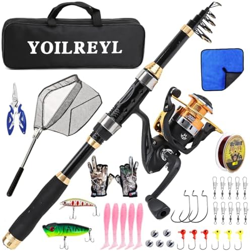 Yoilrey Fishing Rod and Reel Combo – 5.9ft Telescopic Fishing Pole Starter Kit with Spinning Reel, Fishing Line, Lure Box & Tackle Bag for Travel by Yoilrey