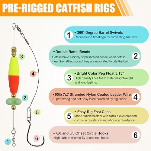 Catfish Rigs Catfish Float Rigs, Catfishing Tackle with Rattles Beads Peg Floats Santee Cooper Rigs for Bank Fishing 6/0 8/0 Circle Hooks - Image 2