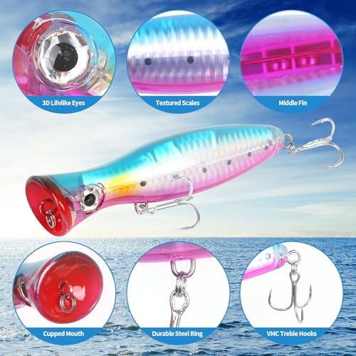 Large Top Water Popper Lure: 2pcs 3D Eyes Tuna Popper Saltwater Fishing Lures for Surf Fishing Gt Tuna Kingfish Large Predator Fish - Image 3