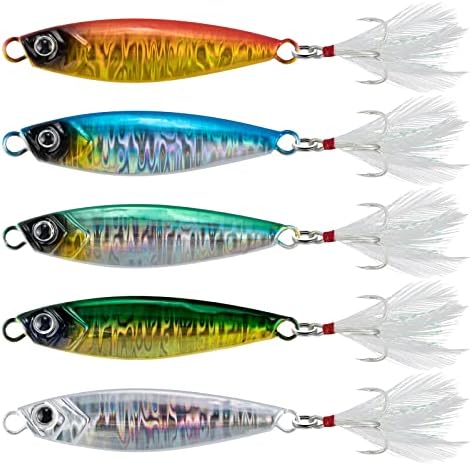 Alwonder 5-Pack Fishing Jigging Spoons Metal Casting Jigs with Treble Hooks Freshwater Saltwater Casting Spoons Surf Fishing Trolling Lures Vertical Diamond Jigs for Bass Bluefish Walleye Pike by Alwonder