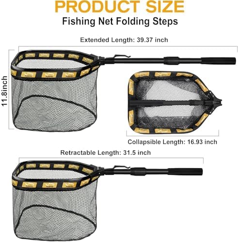 PLUSINNO Floating Fishing Net for Steelhead, Salmon, Fly, Kayak, Catfish, Bass, Trout Fishing, Rubber Coated Foldable Landing Net with Fixed or Telescoping Pole Handle, Fishing Gear and Gifts for Men - Image 3
