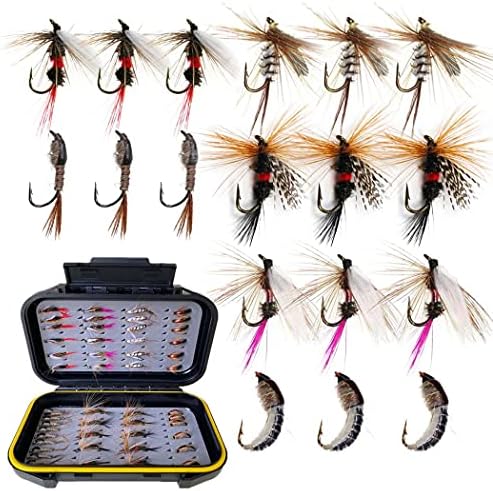 Fly Fishing Flies Kit, 50Pcs Handmade Fly Fishing Gear with Dry/Wet Flies, Streamers, Fly Assortment Trout Bass Fishing with Fly Box (6 Mixed Styles) by Handwork