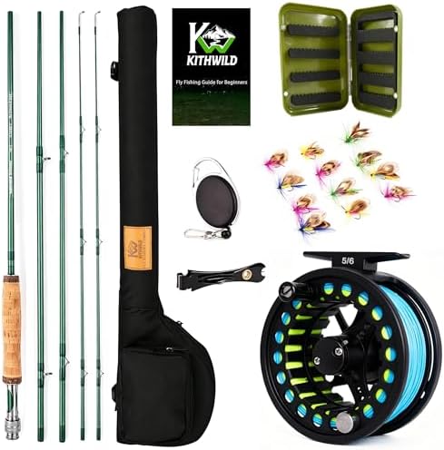 Fly Fishing Rod Combo, 4 Piece 5/6 Portable Fly Rod with Extra Tip, Pre-Loaded Fly Reel with Line Combo,Fly Box, Flies, Fly Fishing Complete Starter Package by KITHWILD
